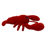 Side view of a red plush lobster with segmented body, blue eye, six legs, and two large claws on a transparent background.