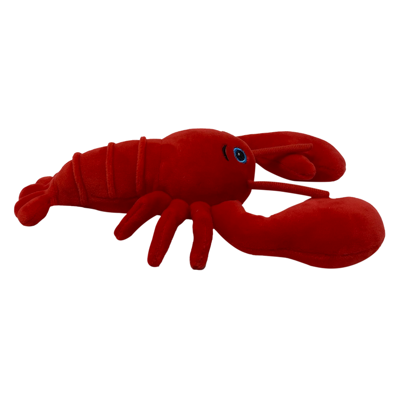 Side view of a red plush lobster with segmented body, blue eye, six legs, and two large claws on a transparent background.