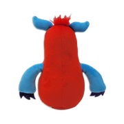 Back view of a red monster plush toy with blue ears, blue arms, purple clawed hands, a fuzzy red tuft on top of the head, and a rounded body on a transparent background.