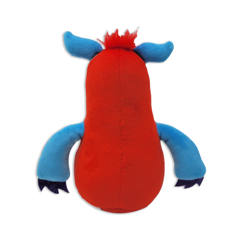 Back view of a red monster plush toy with blue ears, blue arms, purple clawed hands, a fuzzy red tuft on top of the head, and a rounded body on a transparent background.