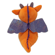 Back view of an orange plush dragon with purple stitched spine, pointed tail, small horns, ears, and wide glittery purple wings on a transparent background.
