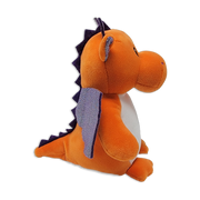 Side view of an orange plush dragon with white belly, purple wings, purple back spikes, small horns, and rounded snout on a transparent background.