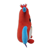 Side view of a red monster plush toy with a blue ear, blue arm, purple tail tip, fuzzy red tuft on top, and rounded body on a transparent background.