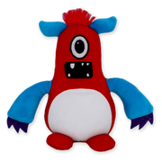 A plush toy resembling a cartoonish monster with red, blue, and white colors, and a squishy texture.