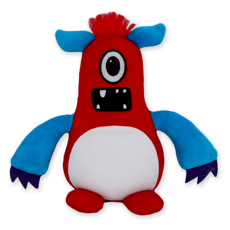 A plush toy resembling a cartoonish monster with red, blue, and white colors, and a squishy texture.