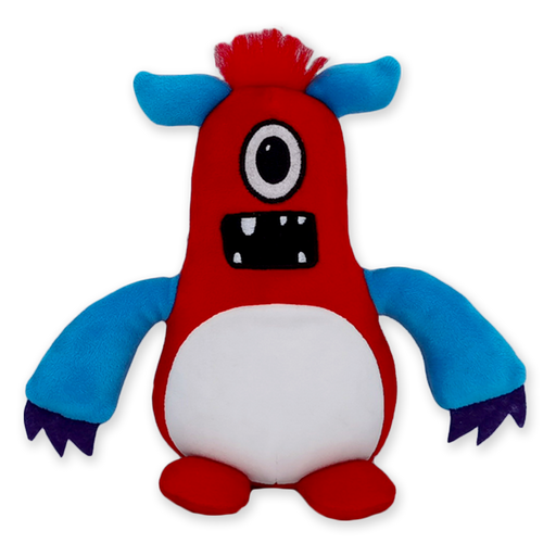 A plush toy resembling a cartoonish monster with red, blue, and white colors, and a squishy texture.