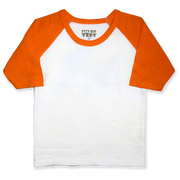 Front view of a blank white toddler raglan shirt with orange three-quarter sleeves and a round neckline.