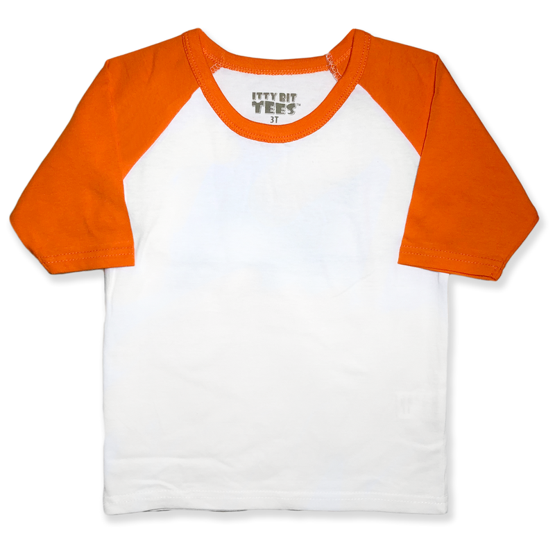Front view of a blank white toddler raglan shirt with orange three-quarter sleeves and a round neckline.