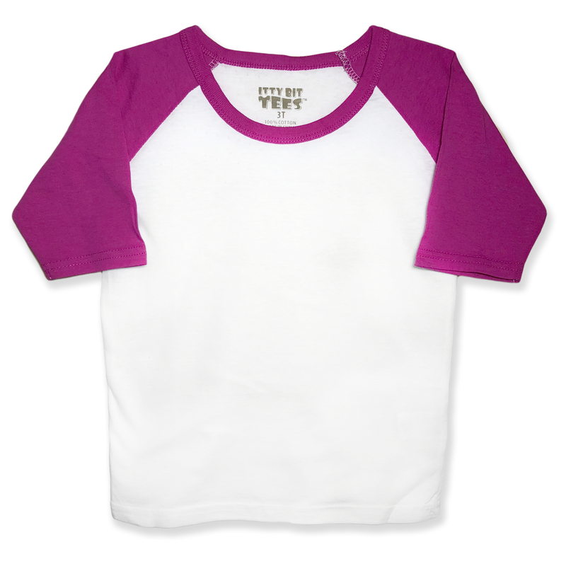 Front view of a blank white toddler raglan shirt with purple three-quarter sleeves and a round neckline.