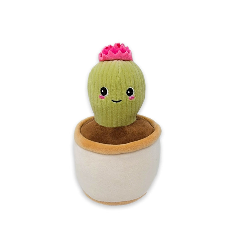 A plush cactus with a pink barrel, sitting in a white pot, with a green cactus body and a brown cactus head.