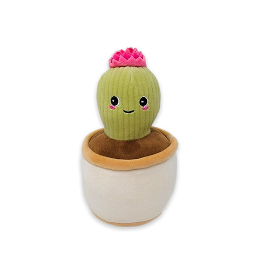 A plush cactus with a pink barrel, sitting in a white pot, with a green cactus body and a brown cactus head.