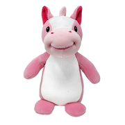 A plush pink horse with a white base and pink features, including a head and tail, standing upright.