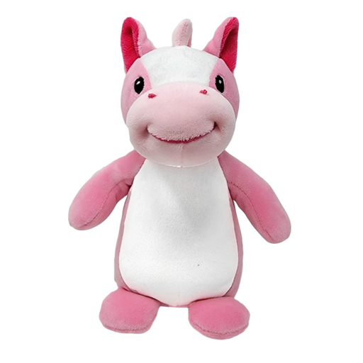 A plush pink horse with a white base and pink features, including a head and tail, standing upright.