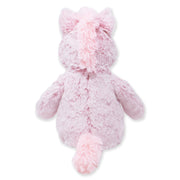 Back view of a light pink plush horse toy with a fluffy mane running down the head and back and a soft tail.