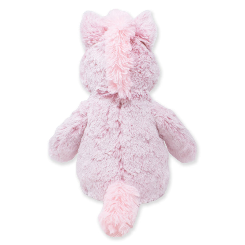 Back view of a light pink plush horse toy with a fluffy mane running down the head and back and a soft tail.