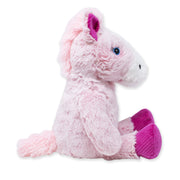 Side view of a light pink plush horse toy with a white snout, blue eye, purple inner ear, purple hooves, and a fluffy tail.