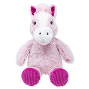 A plush pink horse toy with a soft texture, designed for cuddling and not intended for riding.