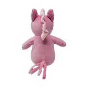 Back view of a pink plush seahorse with a ruffled fin running down the head and spine, small outstretched arms, stitched center seam, and dangling tail on a transparent background.