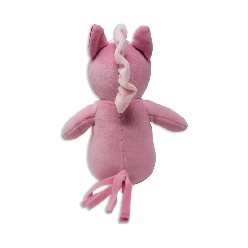 Back view of a pink plush seahorse with a ruffled fin running down the head and spine, small outstretched arms, stitched center seam, and dangling tail on a transparent background.