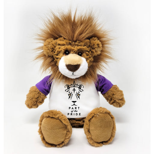 Front view of a brown plush lion with a fluffy mane wearing a white shirt with purple sleeves featuring a lion graphic and the text Part of the Pride.