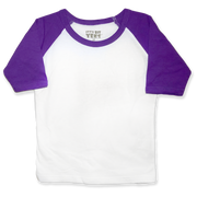 Front view of a blank white toddler raglan shirt with purple three-quarter sleeves and a round neckline.