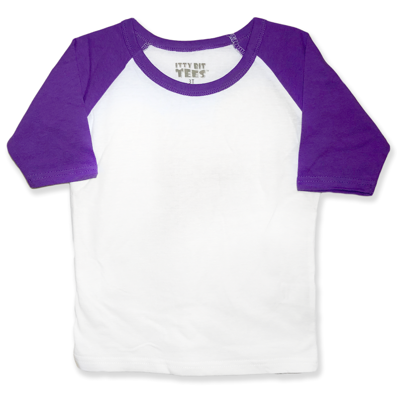 Front view of a blank white toddler raglan shirt with purple three-quarter sleeves and a round neckline.