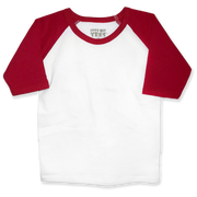 Front view of a blank white toddler raglan shirt with red three-quarter sleeves and a round neckline.