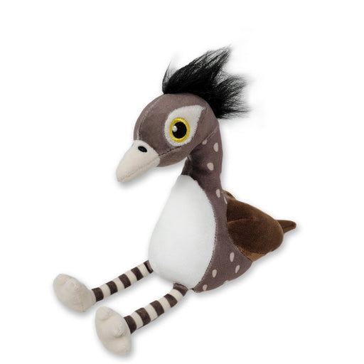 Stuffed animal toy resembling a roadrunner with a grey body, black head and neck, and brown and white striped legs.