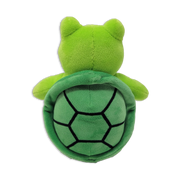 Back view of a green plush turtle showing a rounded head, small arms, and a darker green shell with black stitched hexagon pattern on a transparent background.
