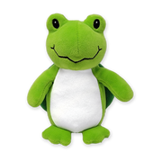 A green and white plush sea turtle toy with a smiling face.