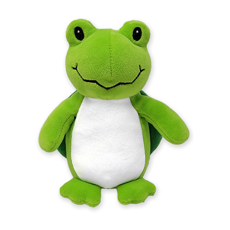 A green and white plush sea turtle toy with a smiling face.