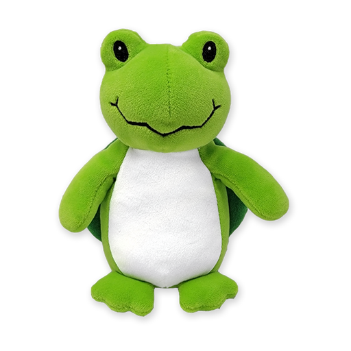 A green and white plush sea turtle toy with a smiling face.
