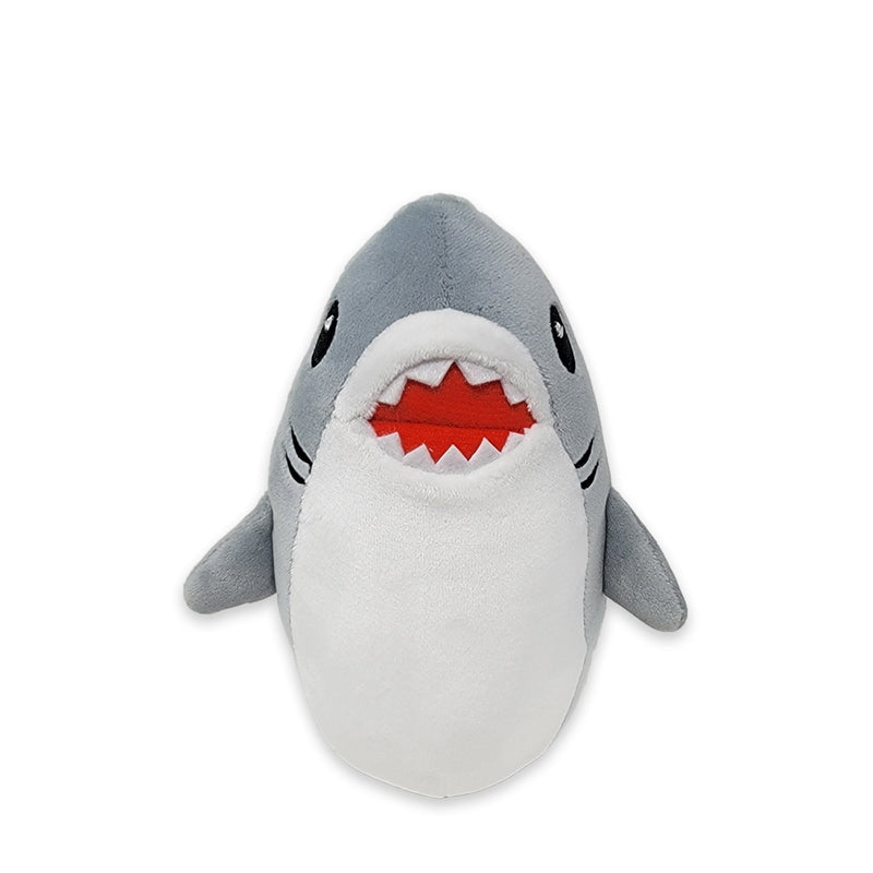 A plush shark stuffed animal with a soft body, white and gray coloring, and a red mouth.