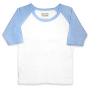 Front view of a blank white toddler raglan t-shirt with light blue three-quarter length sleeves.