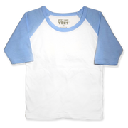 Front view of a blank white toddler raglan shirt with light blue three-quarter sleeves and a round neckline.