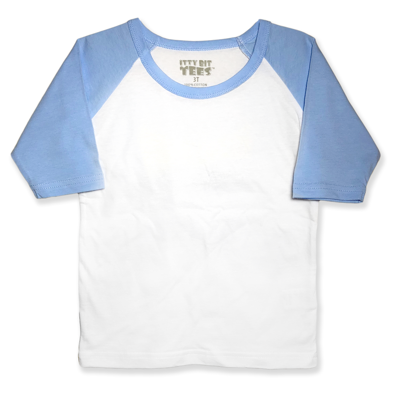Front view of a blank white toddler raglan shirt with light blue three-quarter sleeves and a round neckline.
