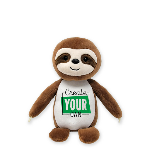 Front view of a brown sloth plush toy with cream face and belly, dark eye patches, black embroidered eyes, and “Create Your Own” text printed on the white belly, on a white background.