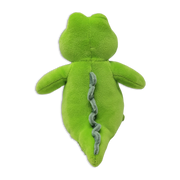 Back view of green plush dinosaur toy with gray stitched spine detail on back.