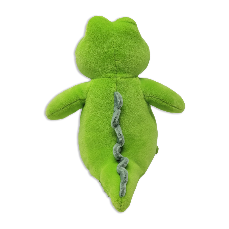 Back view of green plush dinosaur toy with gray stitched spine detail on back.