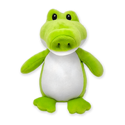 Front view of a green frog plush toy with large round eyes, wide snout, white belly, outstretched arms, and flat webbed feet on a transparent background.