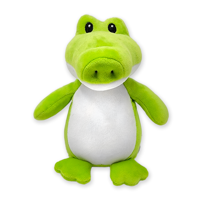 Front view of a green frog plush toy with large round eyes, wide snout, white belly, outstretched arms, and flat webbed feet on a transparent background.