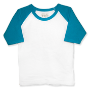 Front view of a blank white toddler raglan shirt with teal three-quarter sleeves and a round neckline.