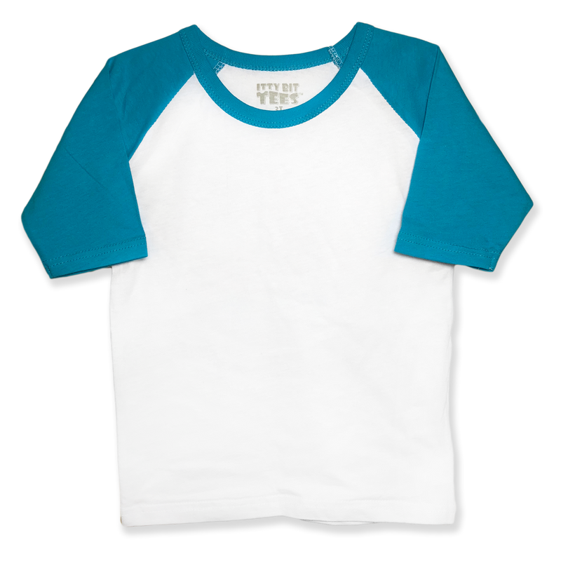 Front view of a blank white toddler raglan shirt with teal three-quarter sleeves and a round neckline.