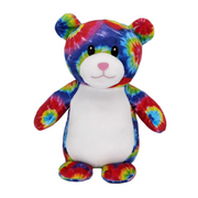 A plush tie-dye teddy bear with a multicolored bear hugging a teddy bear, sitting upright.