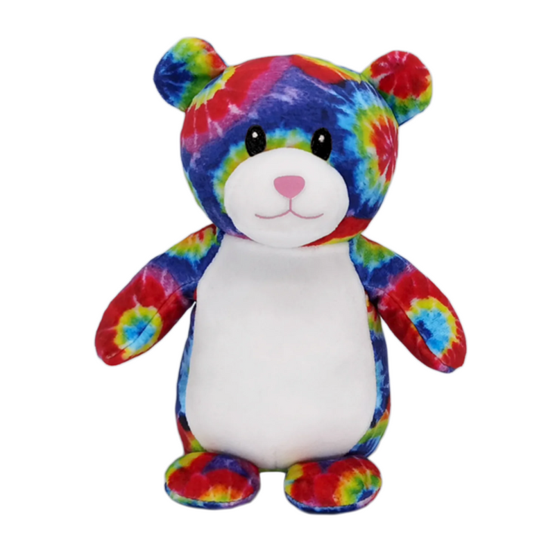 A plush tie-dye teddy bear with a multicolored bear hugging a teddy bear, sitting upright.