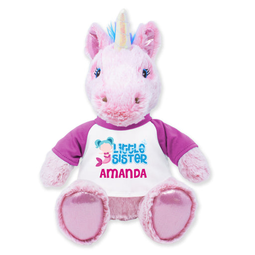 A 9-inch pink unicorn plush toy with a purple shirt and blue horn, designed for cuddling.