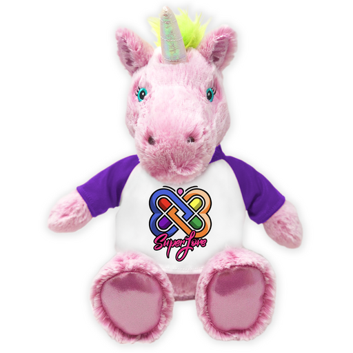 Front view of a pink plush unicorn with a silver horn, teal eyes, green mane, and a white shirt with purple sleeves featuring a rainbow heart Super Love graphic.