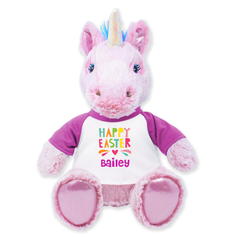 A 9-inch plush unicorn toy with a pink body, purple sash, and a unicorn horn, designed for cuddling.