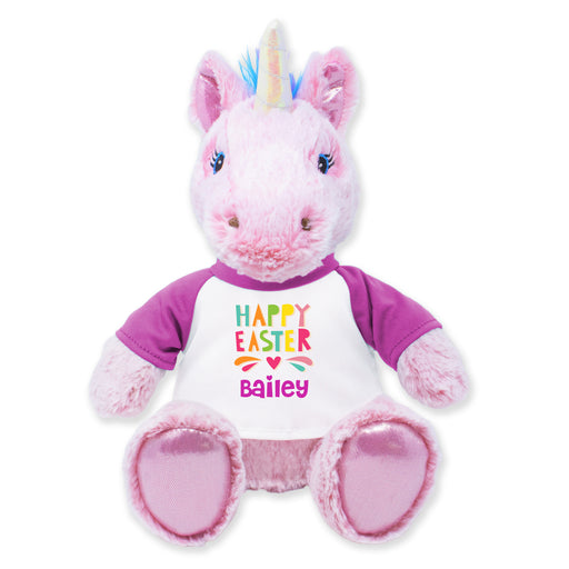 A 9-inch plush unicorn toy with a pink body, purple sash, and a unicorn horn, designed for cuddling.